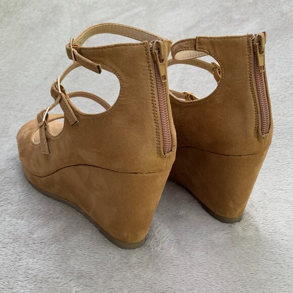 Journee Collection Skyla Tan Microsuede Strappy Peep Toe Demi Wedges - Picture 9 of 15